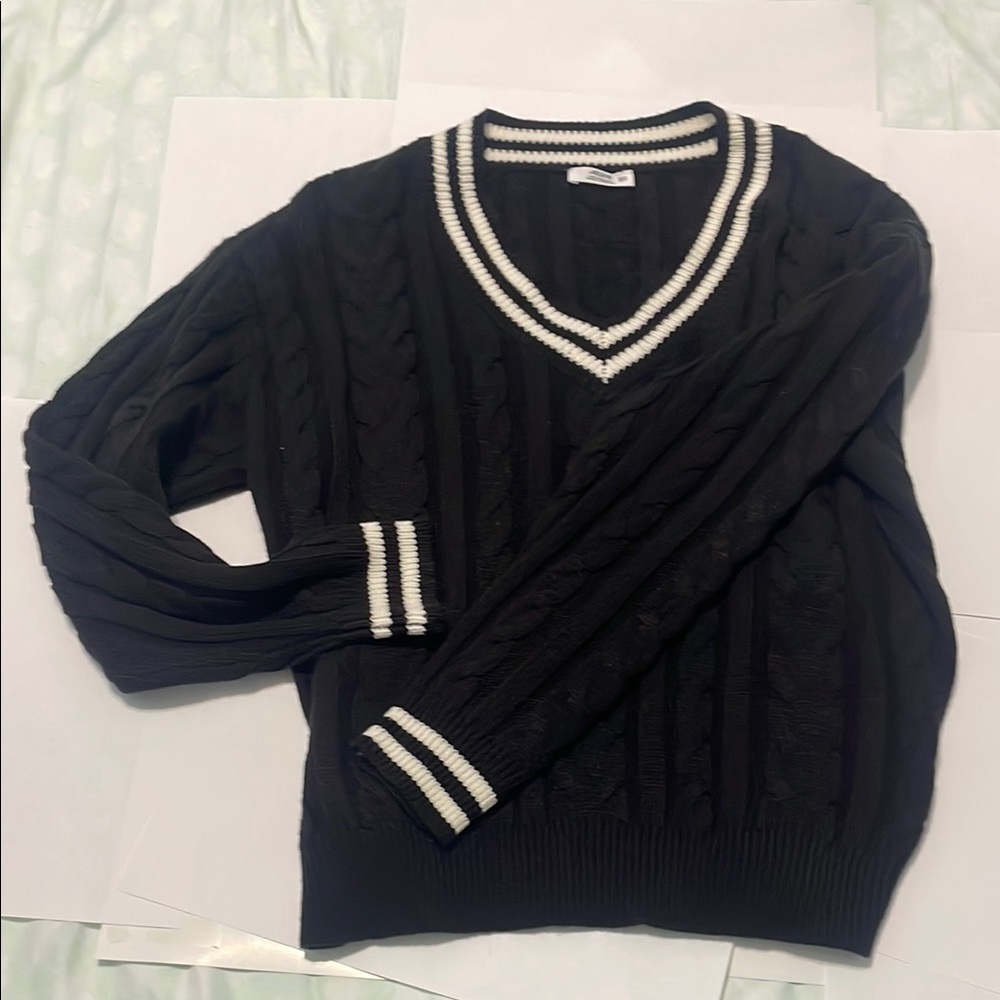 Black V-Neck Sweater with White Trim